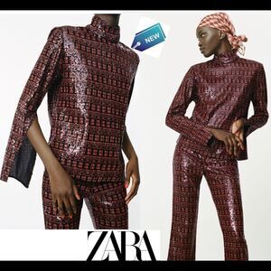 Zara Red orange black high collar long sleeve sequin top size small NWT